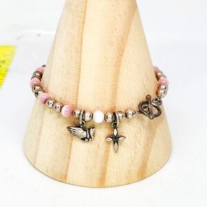 Vintage Sterling Pink Cats Eye Bead Ball Bracelet Silver 925 Cross Prayer Charm
